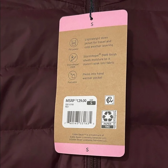 Eddie Bauer Burgundy Quilted Packable Puffer Jacket - Picture 3 of 6
